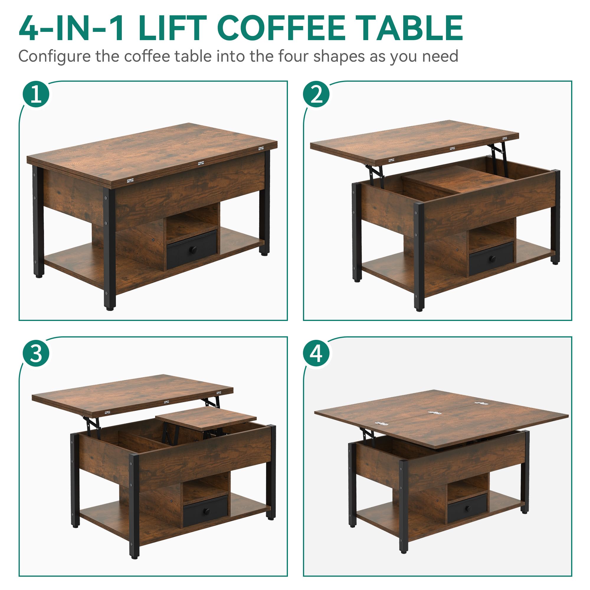 YITAHOME Mesa de Centro con Altura Ajustable, Mesa Auxiliar Multifuncional 4 en 1 con Espacio de Almacenamiento Mesa de Centro Convertible en Mesa de Comedor para Sala de Estar, Marrón Vintage