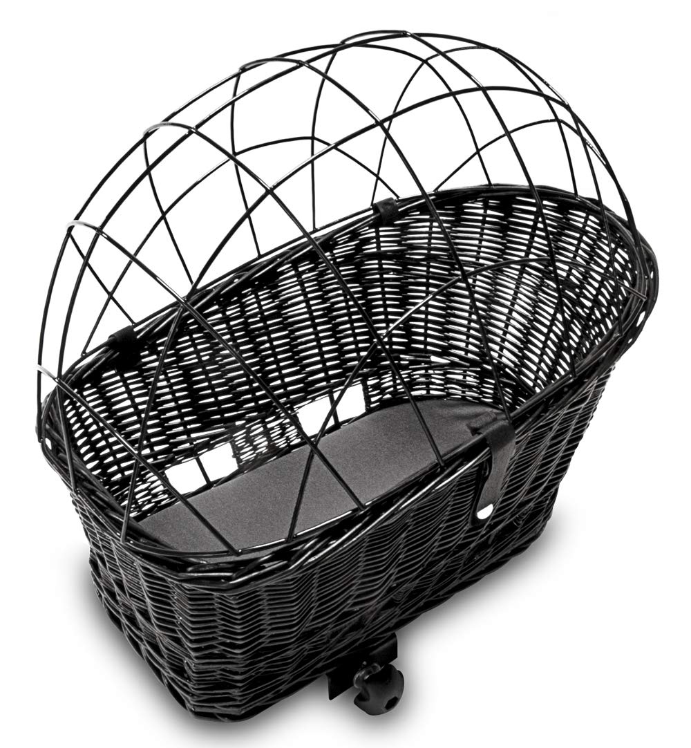 Tigana Hundefahrradkorb für Gepäckträger aus Weide 60 x 39 cm Schwarz Gitter Tierkorb Hinterradkorb Hundekorb für Fahrrad (S-S) (XXL + Kissen/Holz/Einlage G1)