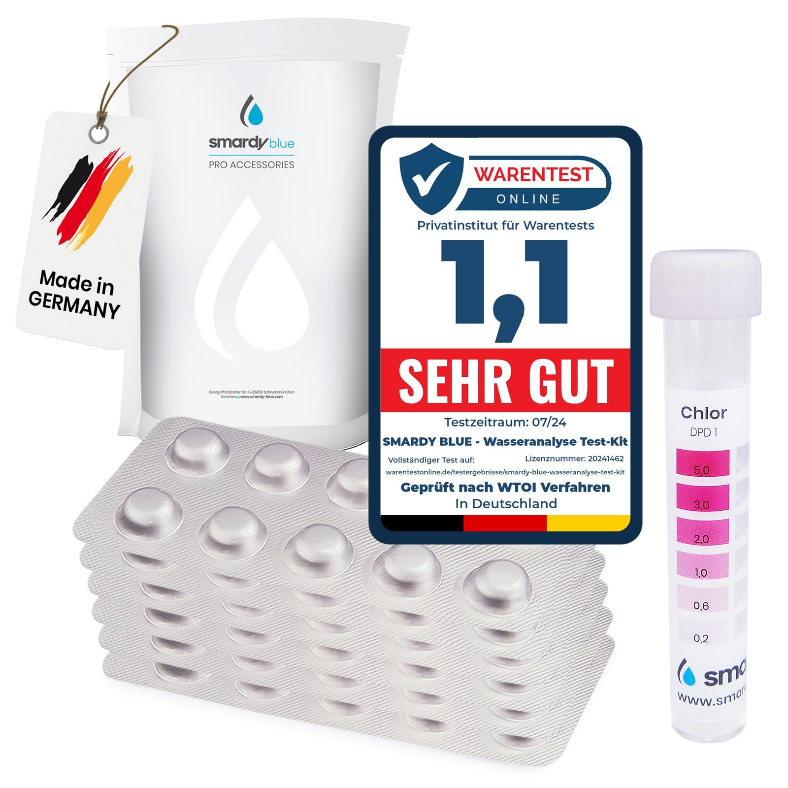 smardy 80 Pastiglie Test Rapido pH e Cloro (40x Phenol Red + 40x DPD1) con provetta – per piscina, spa, acquario e acqua potabile – blister igienico, durata fino a 10 anni – Made in Germany