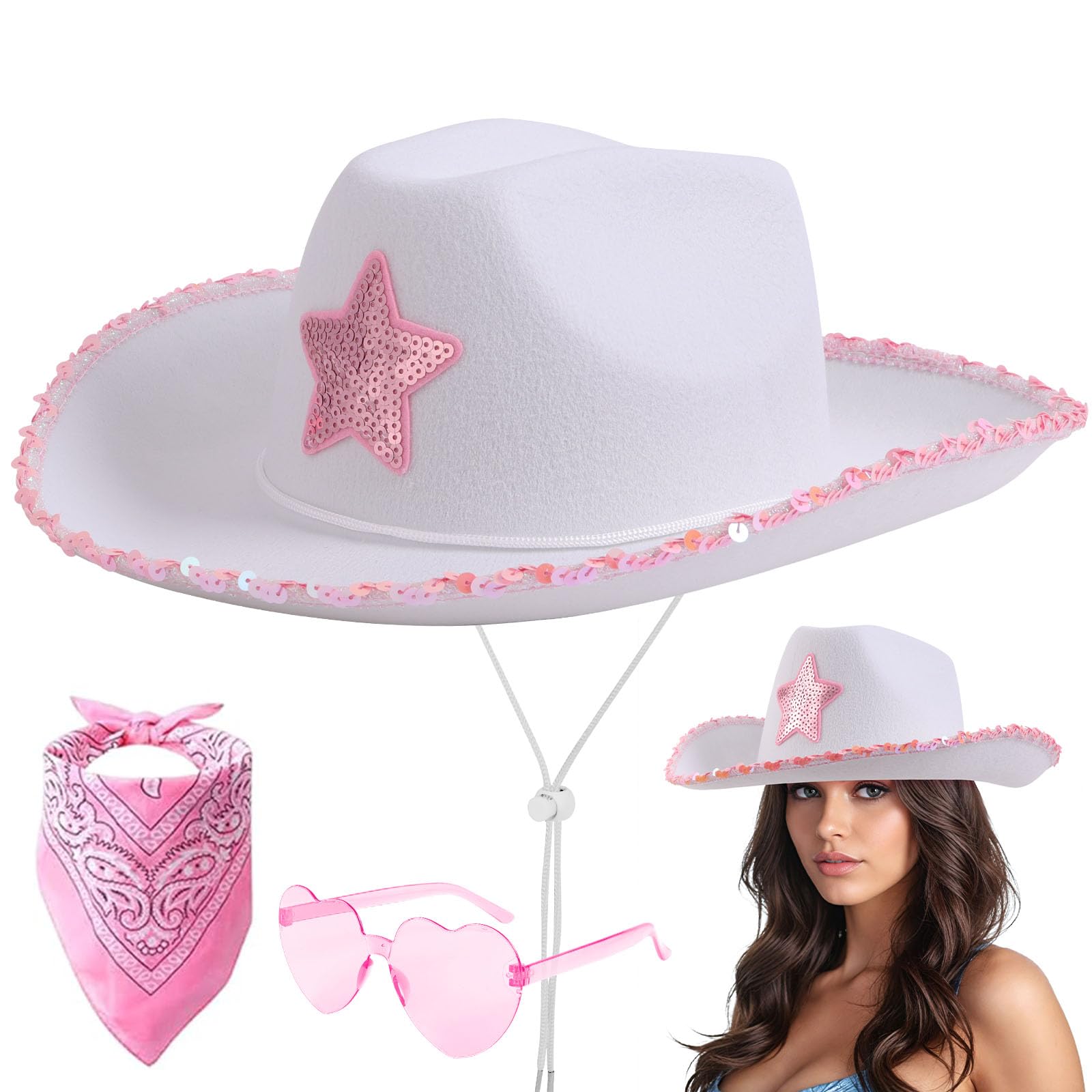 Aomig 3Pcs Cowboy Hat Fancy Dress Accessory, Cowboy Costume Set with Paisley Bandanna and Glasses, Western Cowboy Fancy Dress Costume for Birthday Halloween Bachelorette Bachelor Party Cosplay(White) โ image 1