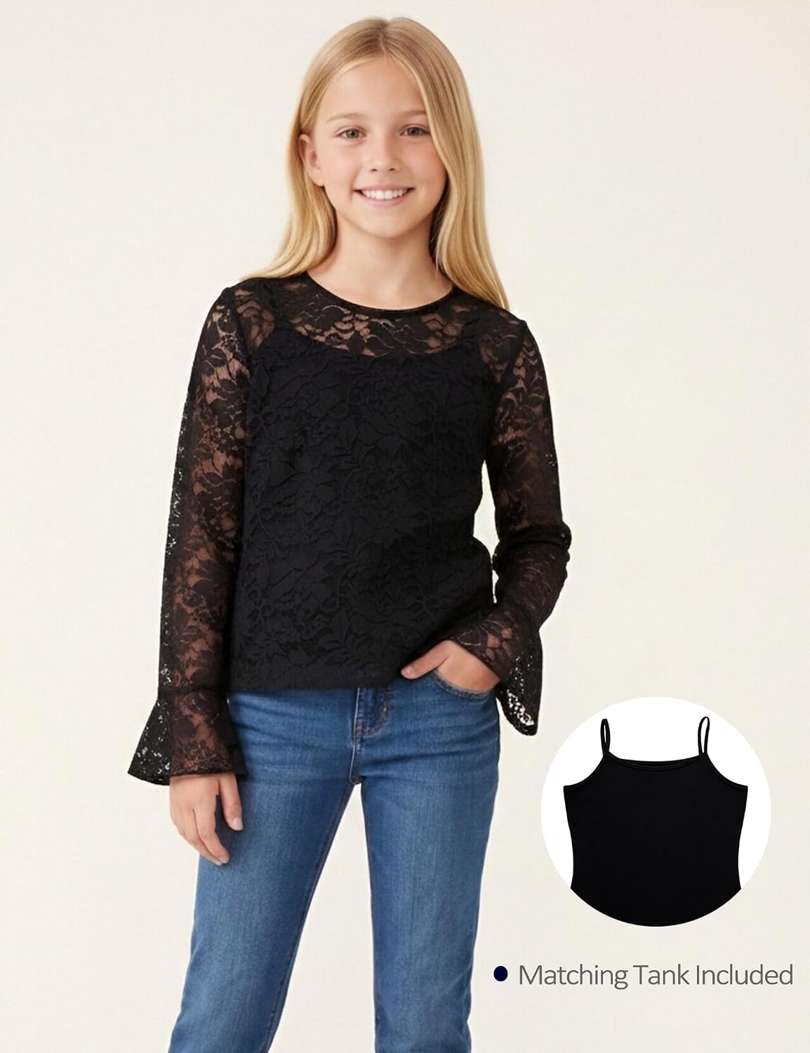 Girls Lace Long Sleeve Mesh Shirt with Matching Inner Tank 5-14Y