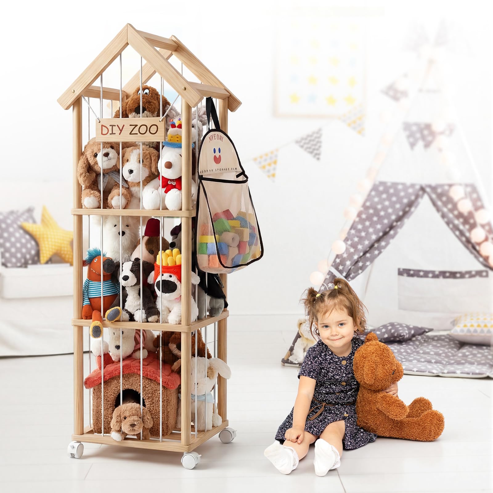 Kuscheltier Aufbewahrung, Holz Stofftier Aufbewahrung, 146 * 42 * 42CM Plüschtier Lagerung Organizer Mit 360°Bremse-Ausgestattete Räder für Spielzimmer, Kinderzimmer, Schlafzimmer, Mit Dach