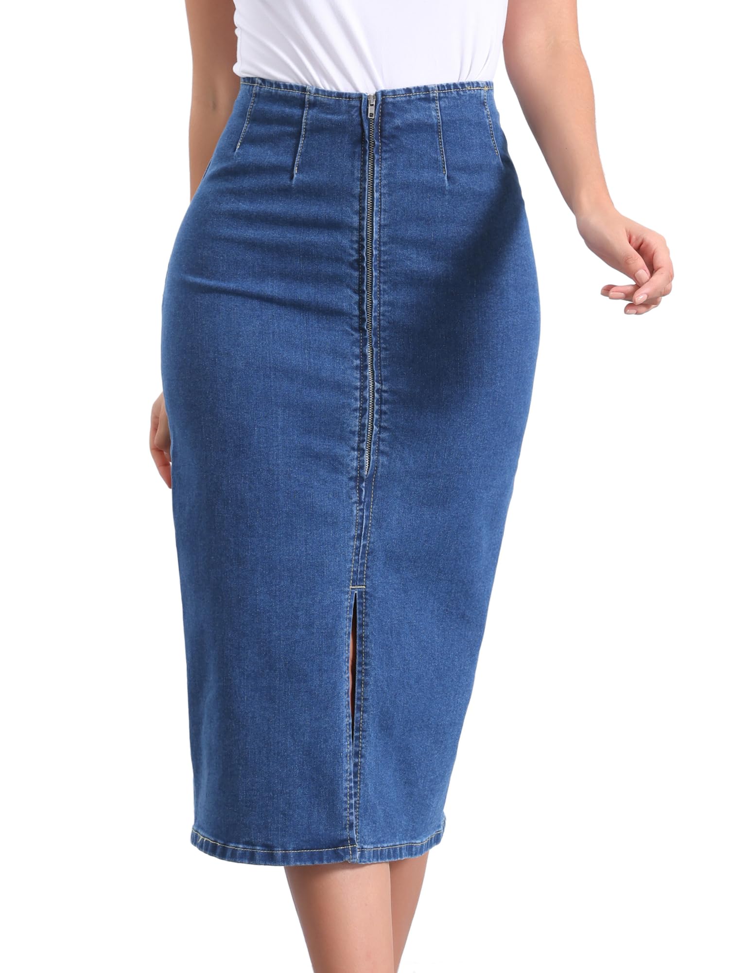 Allegra K Jupe Longue en Jean pour Femmes Fente sur Le Devant Fermeture Éclair Taille Haute Jupe Fendue Moulante