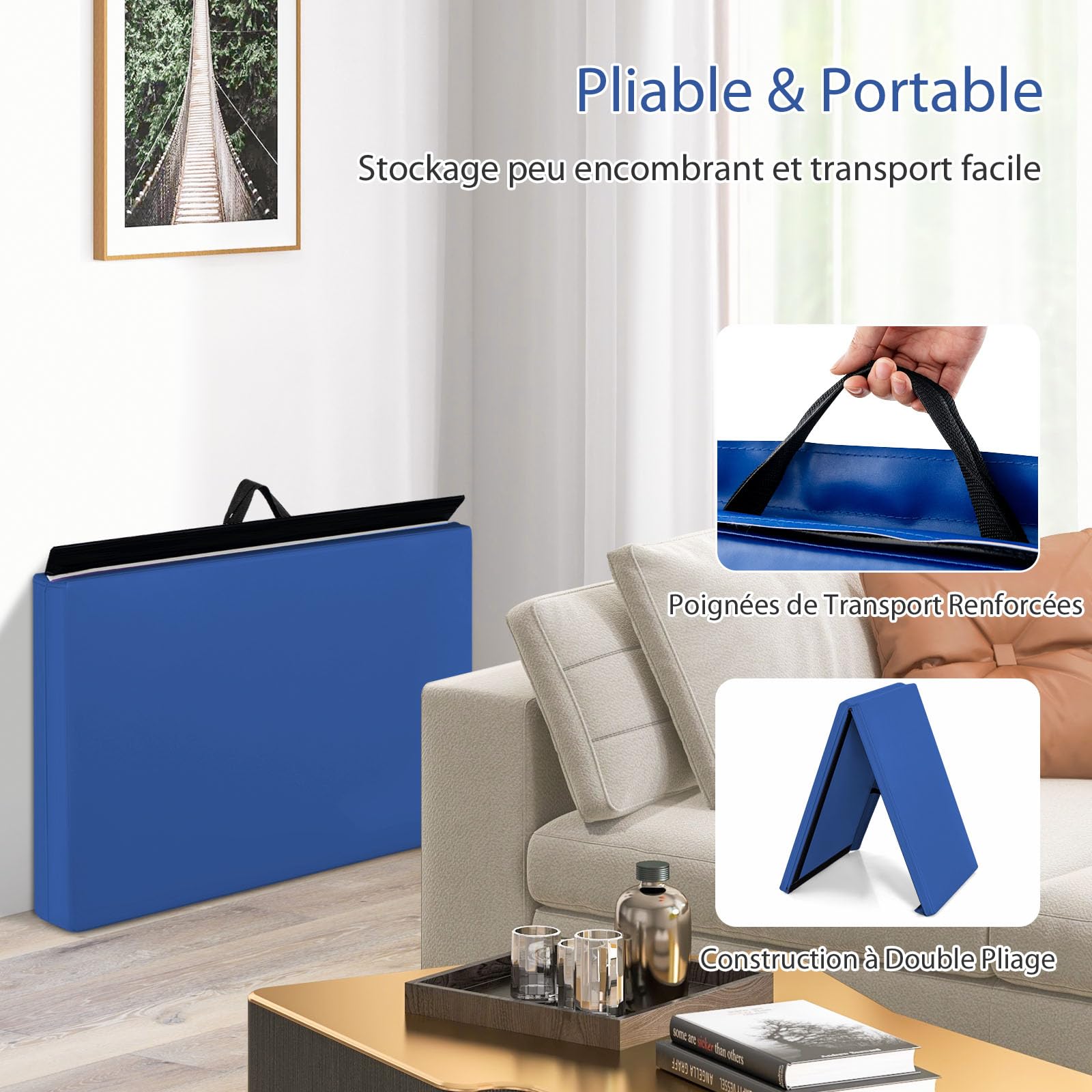GOPLUS Tapis de Gymnastique Pliable, 5cm d"Épaisseur, 2 Plis & Poignée Transport, Matelas Gymnastique en Cuir PU avec Fermeture Auto-agrippante Magique,180 x 60 x 5cm