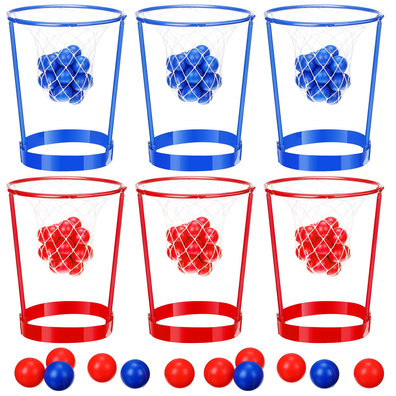 Meooeck 6 Pack Basketball Party Game for Adults, Plastic Head Hoop Adjustable Basketball Hoop Indoor Basketball Basket Headbands with 40 Balls for Indoor Outdoor Party Games, Blue, Red