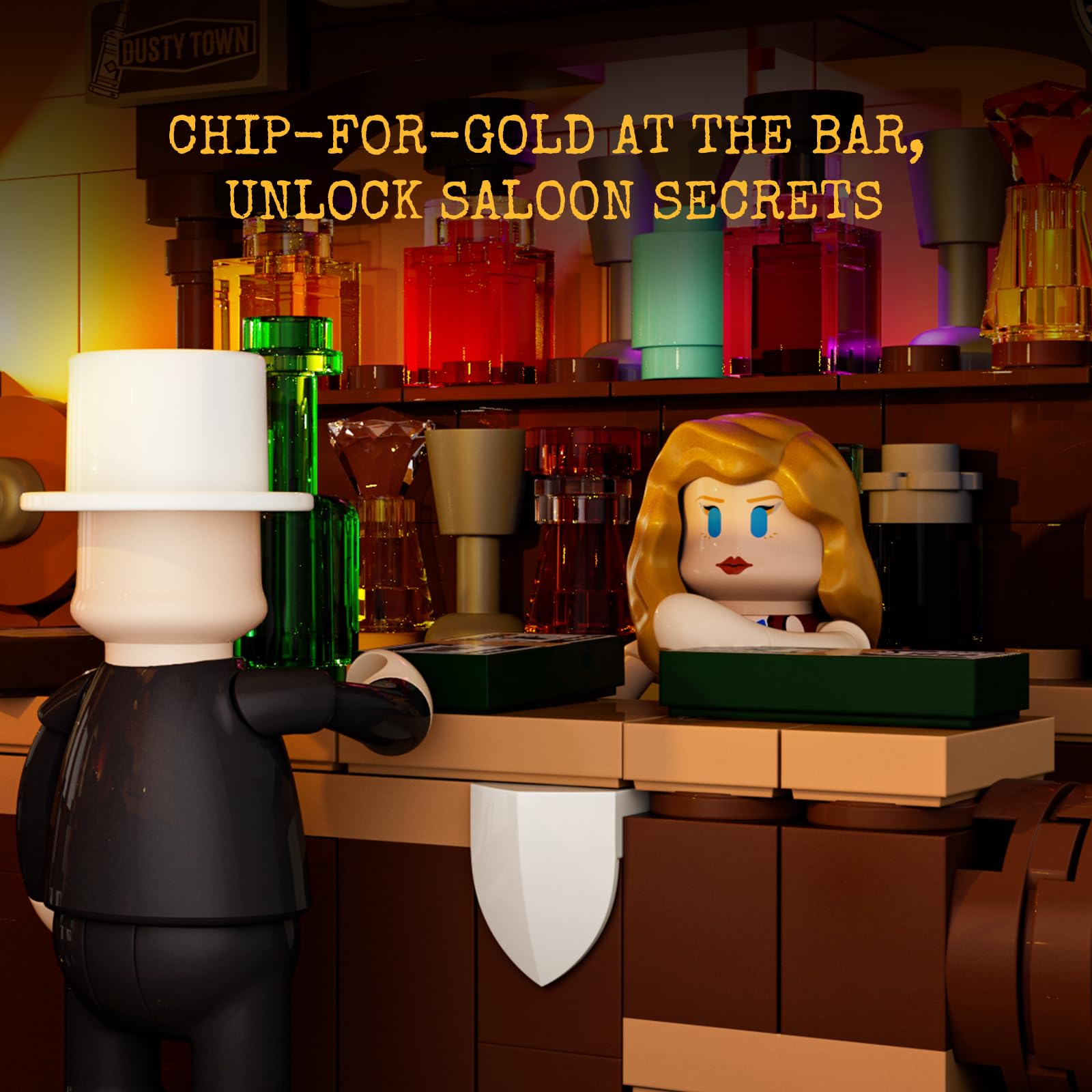 LUMIBRICKS Western Lucky Saloon zestaw klocków zaciskowych LED, 2200 elementów, modułowy budynek Wild-West, model z oświetleniem, podwójna struktura wewnętrzna, tajne przegródki i bogata w szczegóły