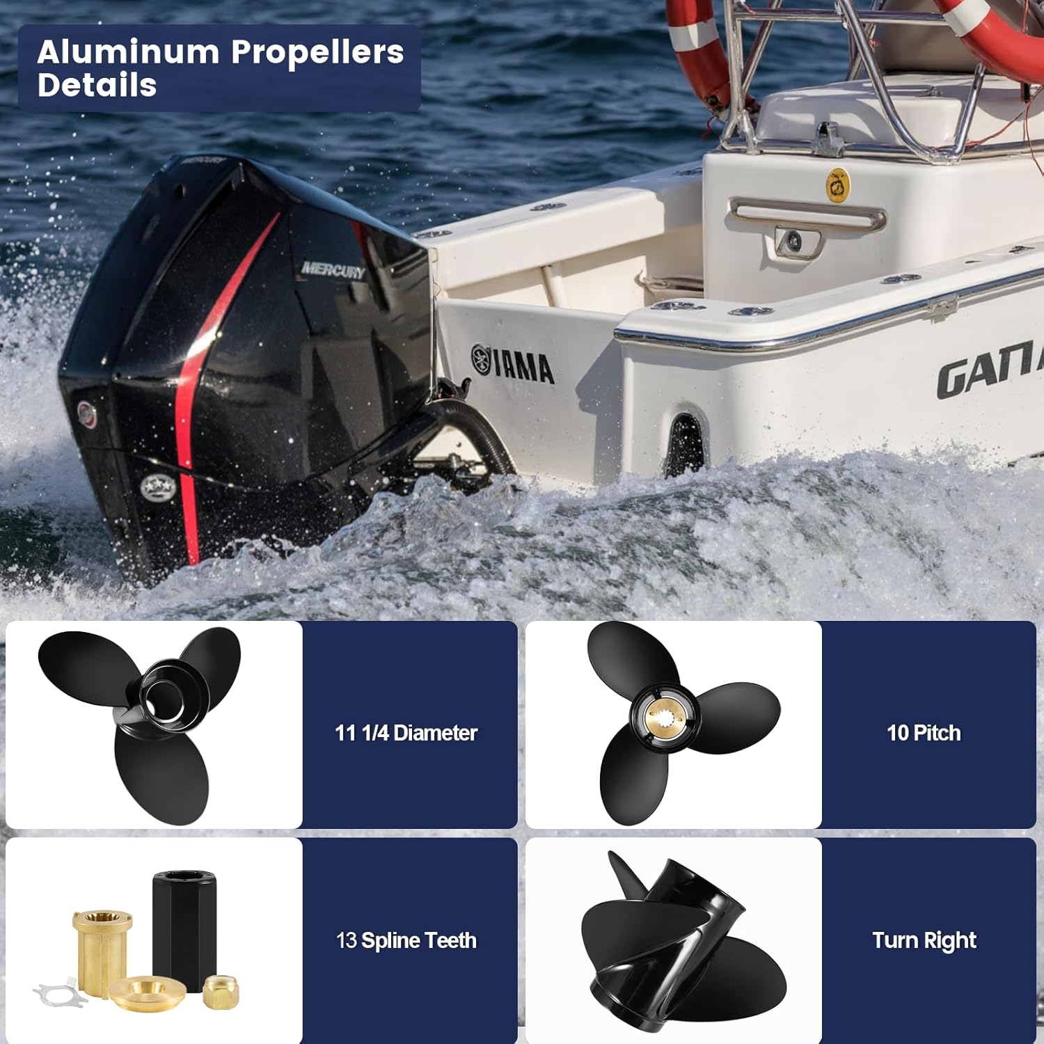 11 1/4x10 Parts NO.‎48-73132A45|(Hub Kits Included) Upgrade OEM Aluminum Boat Propeller Compatible fit Mercury Engines 25-70 HP,13 Spline,3 Blades,RH