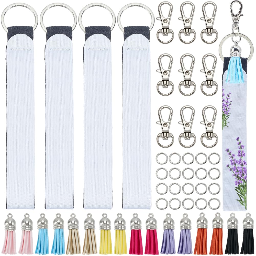 SOFPLATE 16 Sets 68Pcs Sublimation Wristlet Keychain Blanks Sublimation Wristlet Keychain Making Kit with Colorful Tassel Decoration for Birthday Gifts Party Favor Lanyard DIY Crafts Adults Beginner