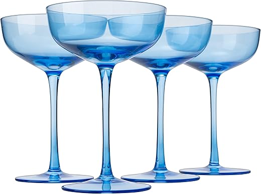 Blue Colored Martini, Champagne and Cocktail Coupe Glass | 7oz | Set of 4 Colorful Valentine's Day Gifts Champagne & Glasses, Fancy Manhattan, Crystal Cocktails Barware Gifts (Ocean Blue)