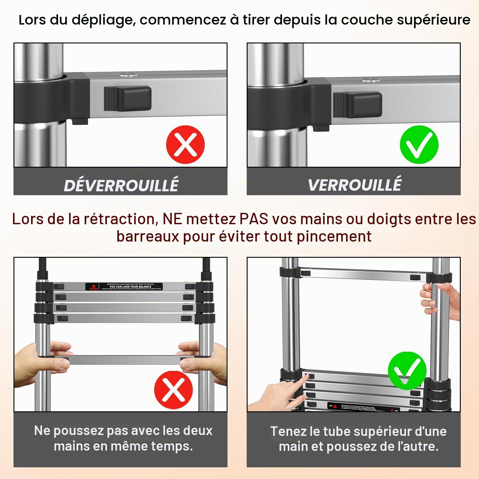 Échelle télescopique épaisse de 5 m avec crochets amovibles en acier inoxydable, extensible, pliable, plus solide que l'échelle en aluminium