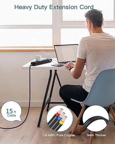 Vista 24 de Regleta protectora de sobretensiones – Cable de extensión con 6 salidas de CA Addtam 4 USB (2 puertos USB-C), 1875 W/15 A, enchufe plano