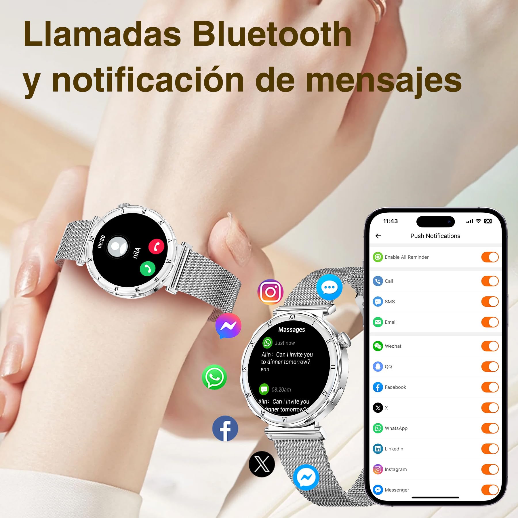 Reloj Inteligente Mujer Redondo(3 Correas) Smartwatch 1,19" AMOLED Responder/Hacer Smart Watch Compatible iPhone Android Monitorear Sueño/SpO2/FC, 120 Modos Deportivos IP68 Resistente Agua, Plateado