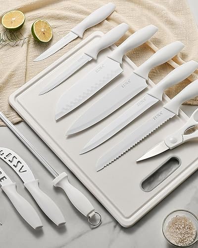 Miniatura 2 de EUNA Juego de 19 cuchillos de cocina blancos con bloque acrílico y afilador, juego de cuchillos alemanes de acero inoxidable de alto carbono con 6