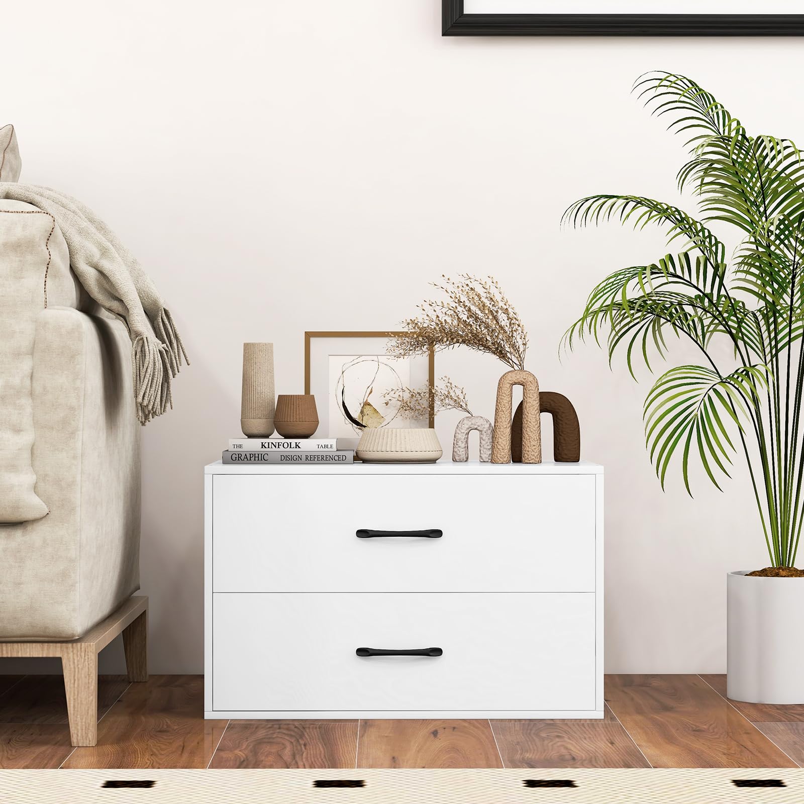 COSTWAY Komoda z 2 szufladami, szafka z szufladami można układać w stos, komoda z drewna, szafka do przechowywania, komoda z szufladami do salonu, biura, sypialni, 60 x 34 x 38 cm (biała)