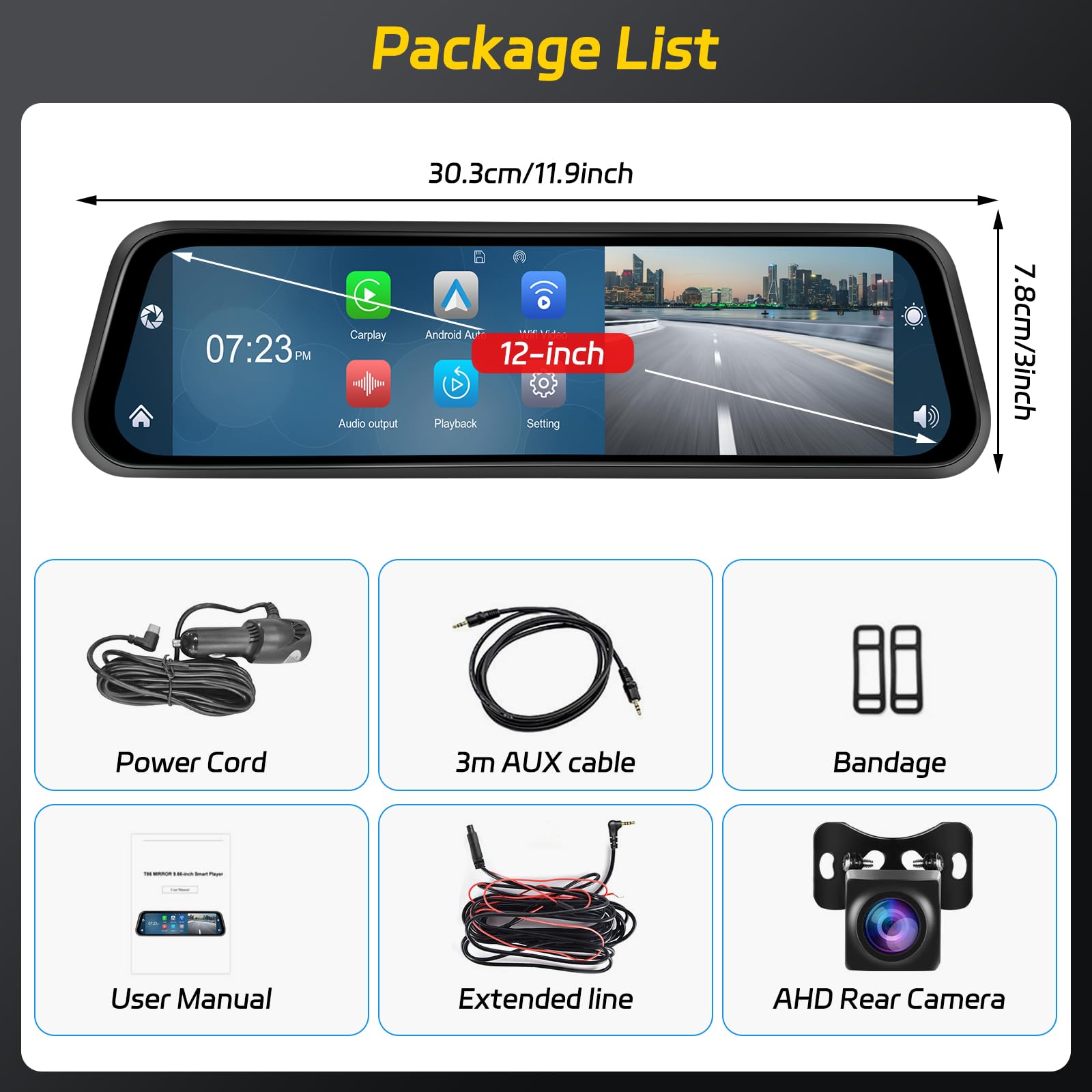 Podofo Caméra de Tableau de Bord Miroir 12" avec Carplay sans Fil, Android Auto avec caméra de recul HD, écran Tactile IPS Double rétroviseur 1080P Dashcam Dash Cam Voiture, 2 écrans divisés