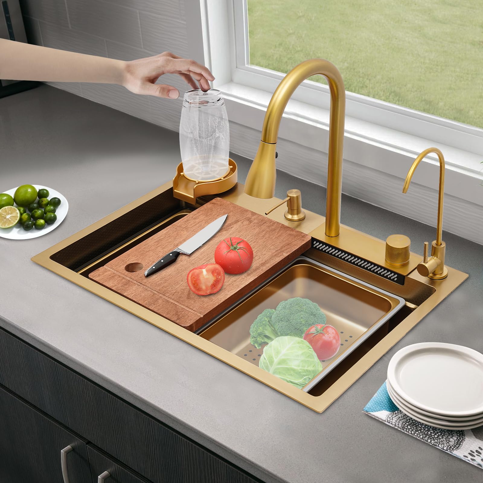 Spülbecken Küche, Kitchen Sink Modern Edelstahl Küchenspüle Wasserfall, Drei Wasserauslaufmodi, Multifunktionale spülbecken mit Ausziehbarer Wasserhahn und Entwässerungskomponente (Gold)
