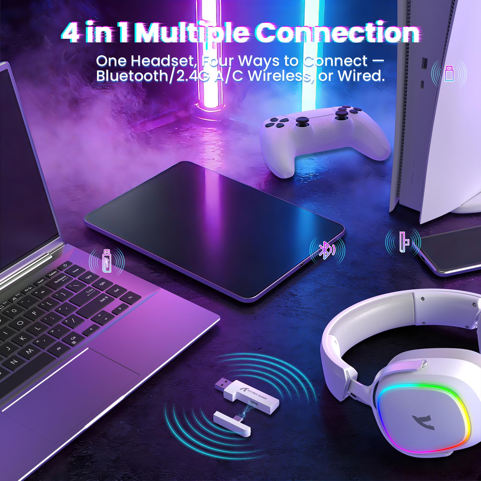 ATTACK SHARK G800 Kabelloses Gaming-Headset, Aluminiumrahmen, 7.1 Surround, Biegsames ENC-Mikrofon, Tri-Modus(2.4G/BT/3.5mm), 1000mAh, 50mm Treiber, RGB Für PC/Mac/PS- Weiß