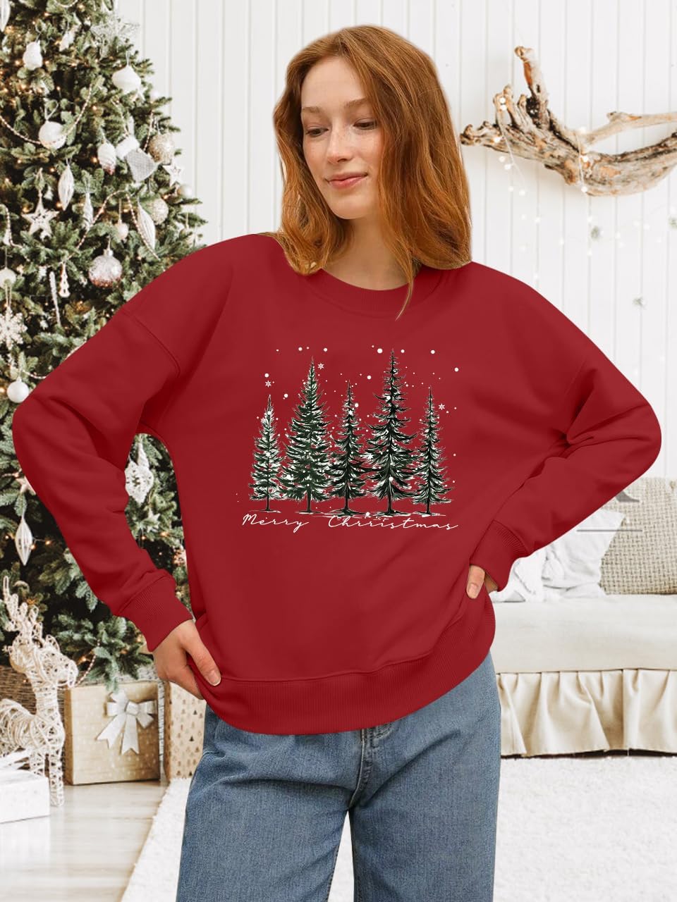 PECHAR Christmas Tree Sweatshirts Women Pine Tree Print Shirts Nature Lover Gift Casual Tee Long Sleeve Xmas Pullover - Image 5