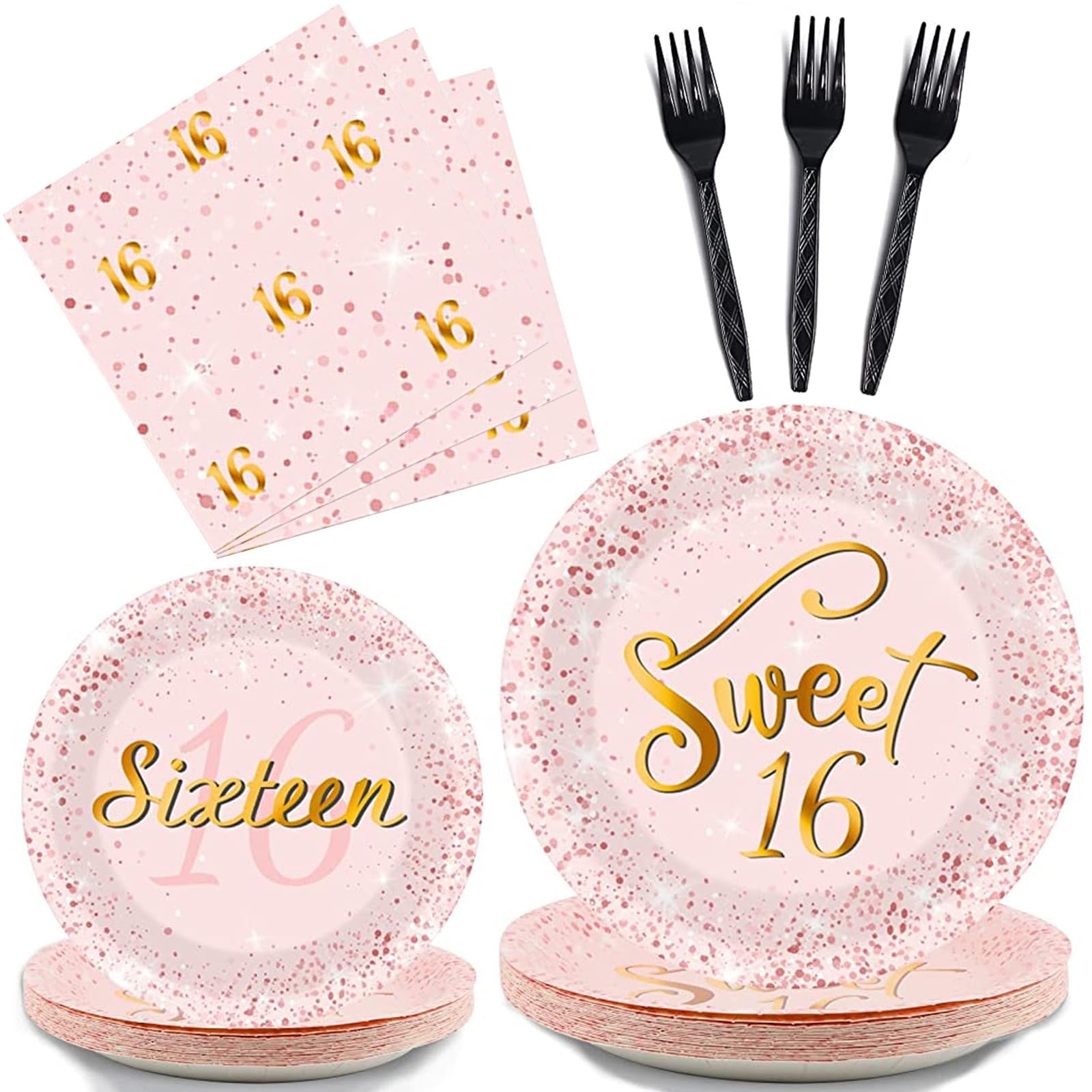 96 Pcs Rose Gold Sweet 16 Birthday Party Plates and Napkins Party Supplies Sixteen Birthday Party Tableware Set 16th Party Decorations Favors for