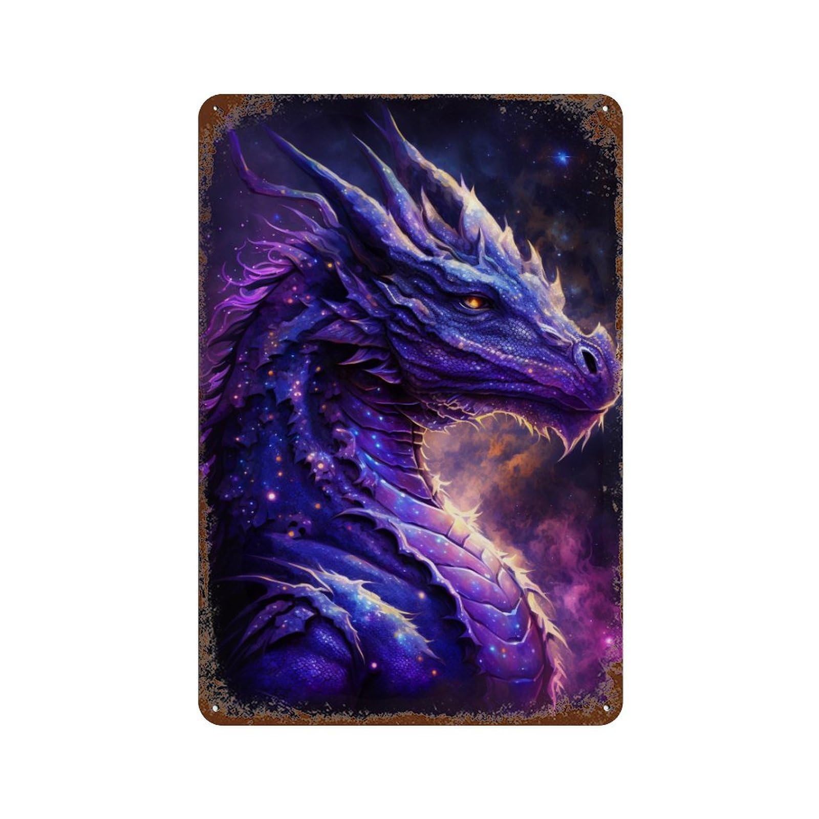 Rust Effect Galactic Dragon Art Print-15 Aged Metal Wall Plaque 11.8"x7.9", Classic Wall Plaque for Basement, Hobby Room And Garage Decor