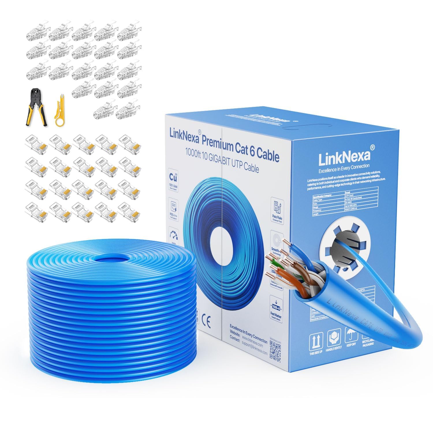 LinkNexa Cat6 Ethernet Cable 1000ft, Cat6 Cable, UTP 23AWG 550MHz Solid Bare Copper Wire, Cat 6 Bulk Network Cable, 10G Support with Cat 6 Crimping