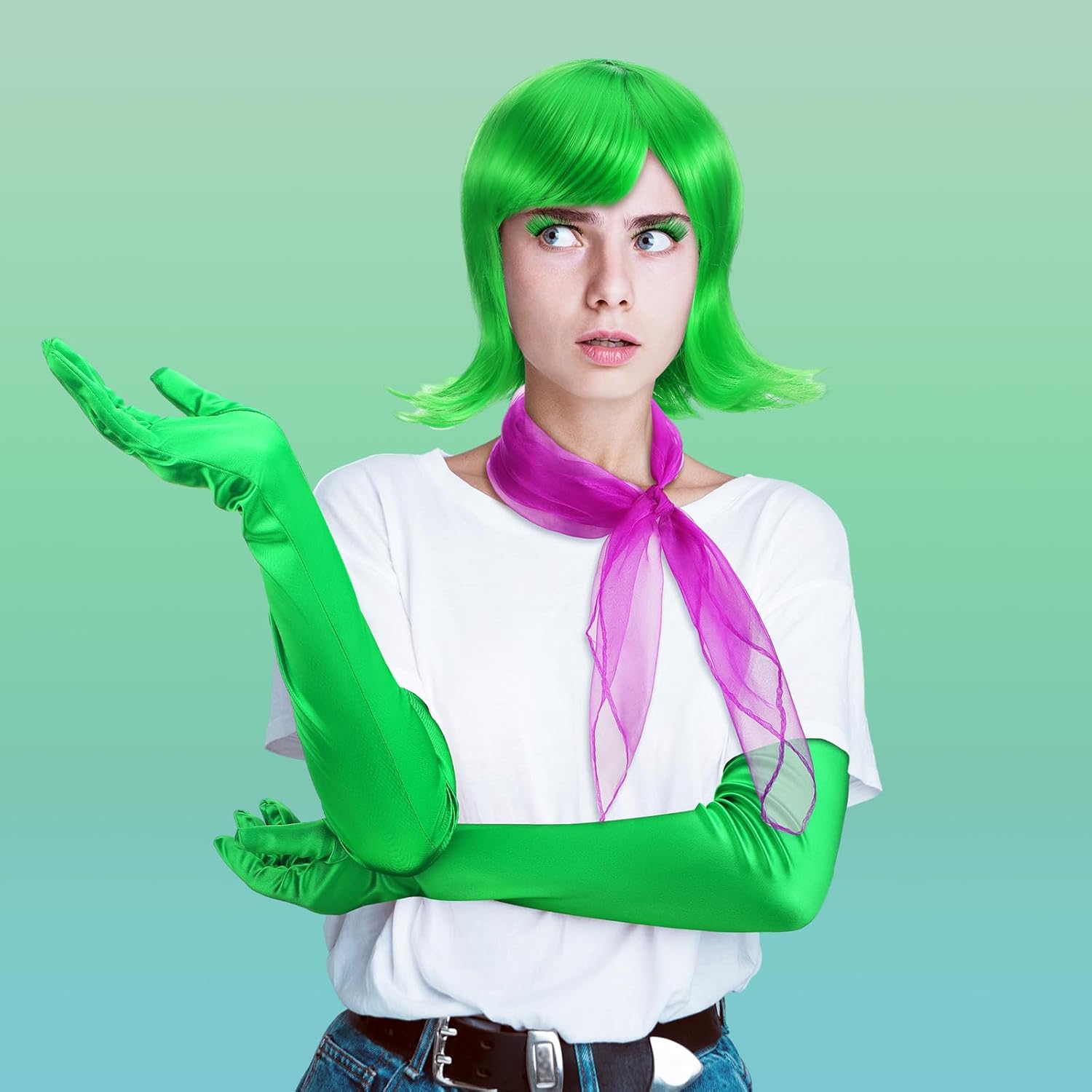 4 Pcs Halloween Disgust Costume Cosplay Set Disgust Green Costume Wig with Scarf Gloves False Eyelashes Short Green Flip Wigs for Adults Halloween Costume Anime Cosplay - Image 5