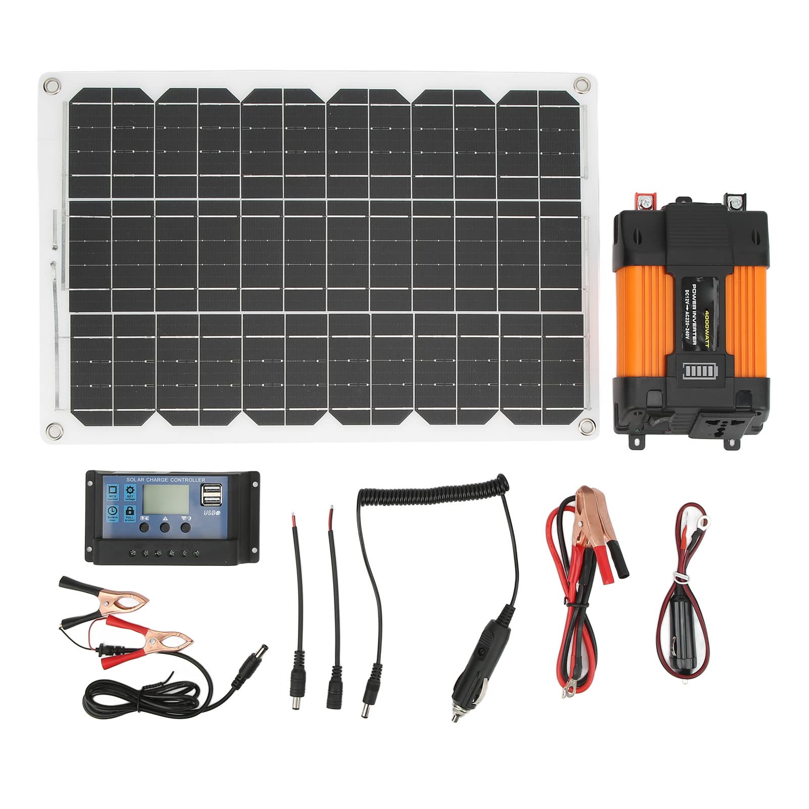 Alomejor Inversor de 4000 Vatios, Sistema de Energía Solar Portátil 30A 12V 24V Controlador de Carga Solar 18W 18V Kit de Panel Solar