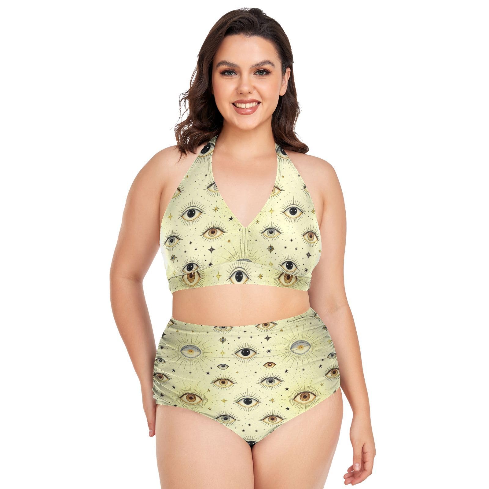 Bikini talla grande ojo malvado halter con control de abdomen estilo boho bruja de dos piezas 7