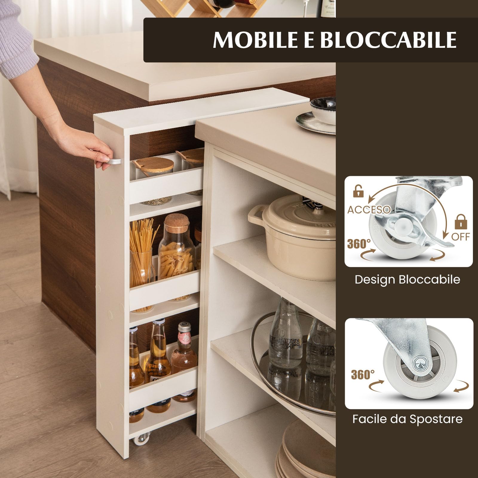 GYMAX Carrelli Portaoggetti a 4 Ripiani, Carrello con Ruote Salvaspazio con Maniglia, Carrello a Scaffale Slim Stretto in Legno per Cucina, Bagno, Lavanderia, 47,5 x 13 x 80,5 cm (Bianco)