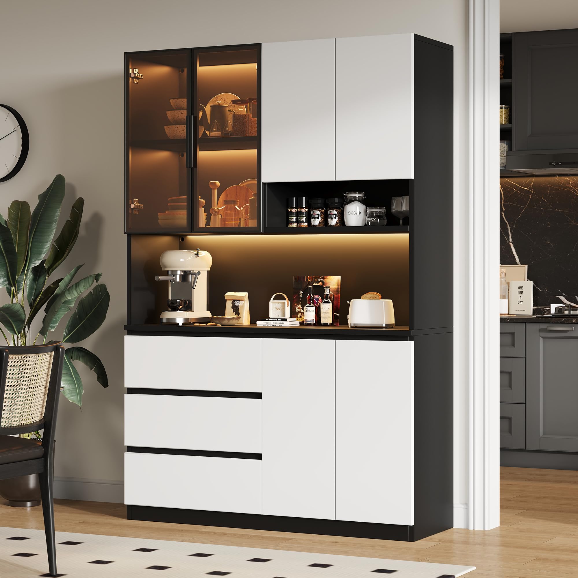 Armadi da cucina, vetrine da cucina, armadietti multifunzionali con 3 cassetti, 6 ante e ripiani per riporre stoviglie, forno a microonde, L 120,5 x P 40 x H 180 cm (bianco + nero)