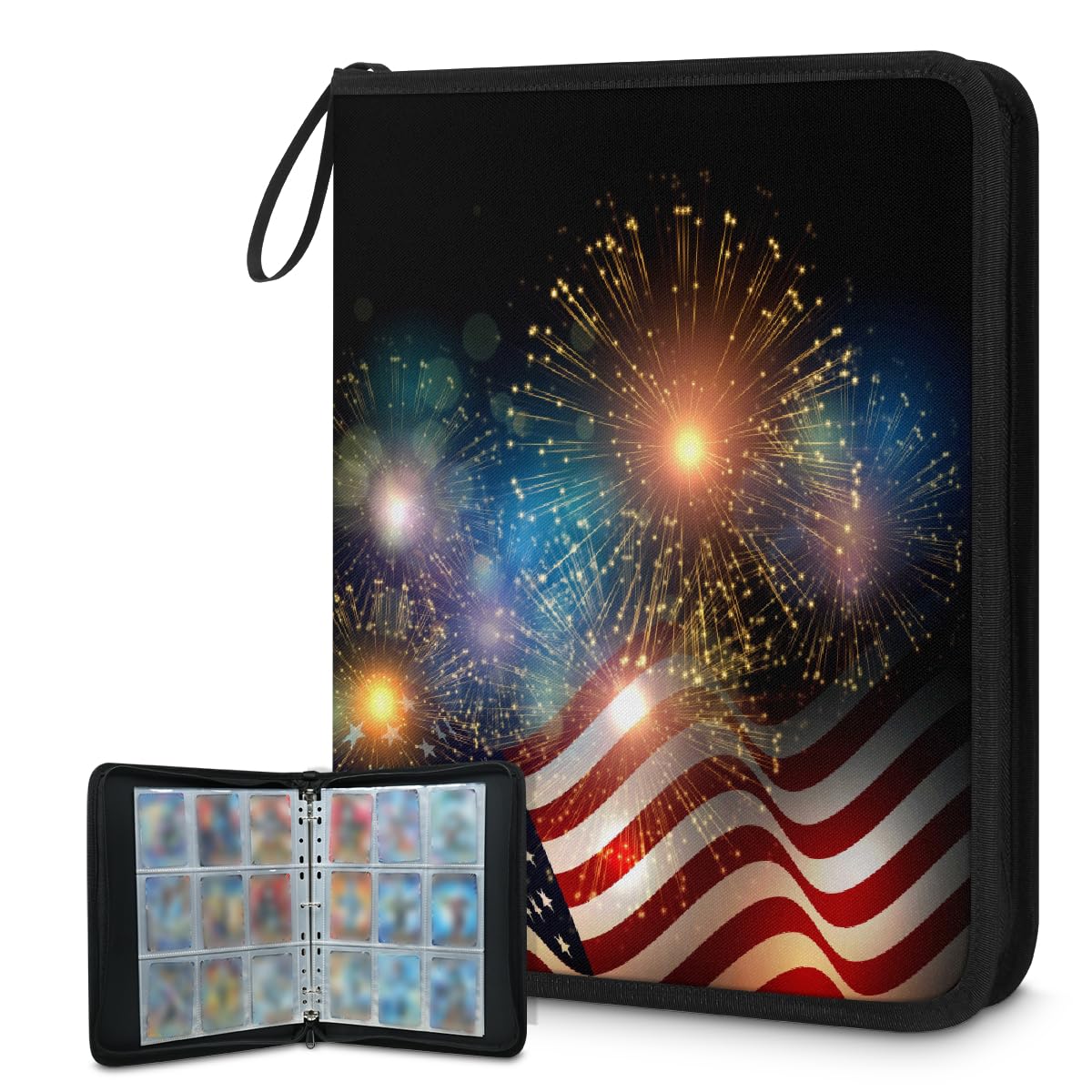 Raccoglitore per carte collezionabili con 9 tasche per il 4 luglio, cartella per carte con bandiera americana, fuochi d'artificio, con maniche rimovibili, impermeabile, con cerniera, 50 pagine