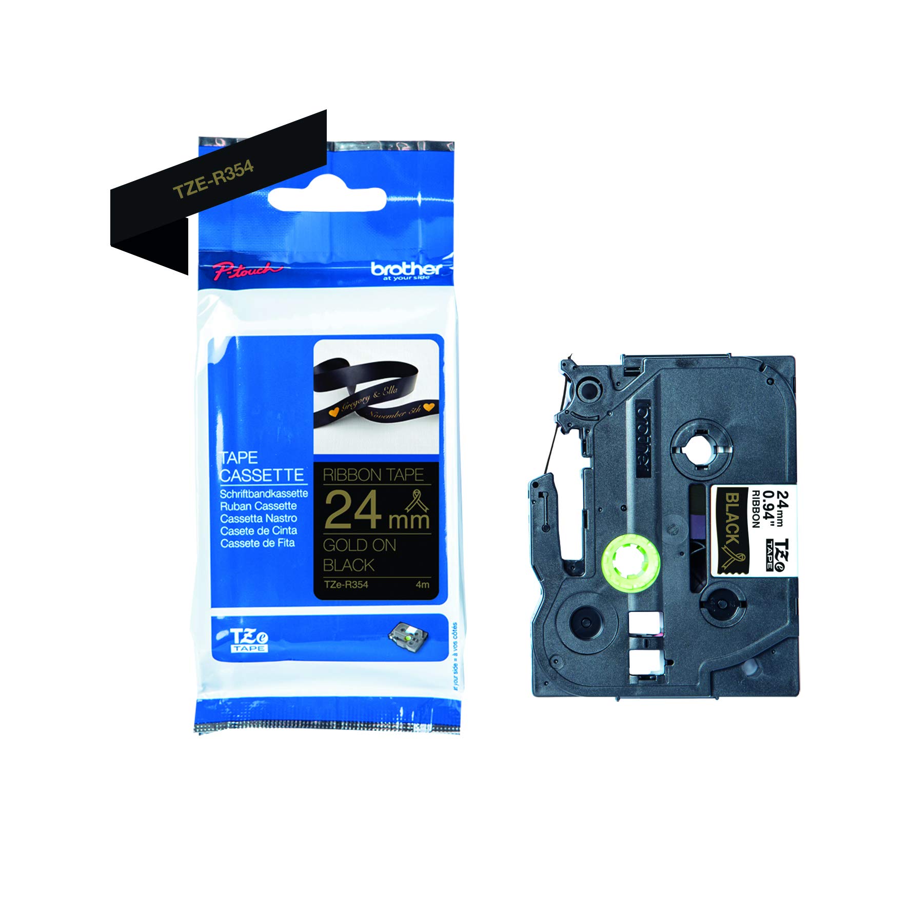Brother TZe-R354 Labelling Tape Cassette, Gold on Black, 24mm (W) x 4M (L), Ribbon Tape, Brother Genuine Supplies