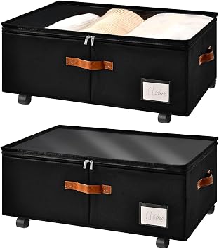 Freebat Under Bed Storage Organizer with Wheels 2 Pack, 10 inches Height Underbed Container with Clear Lid Cover, Storage Bag Box with Visiable Window for Clothes, Bedsheet, Pillow