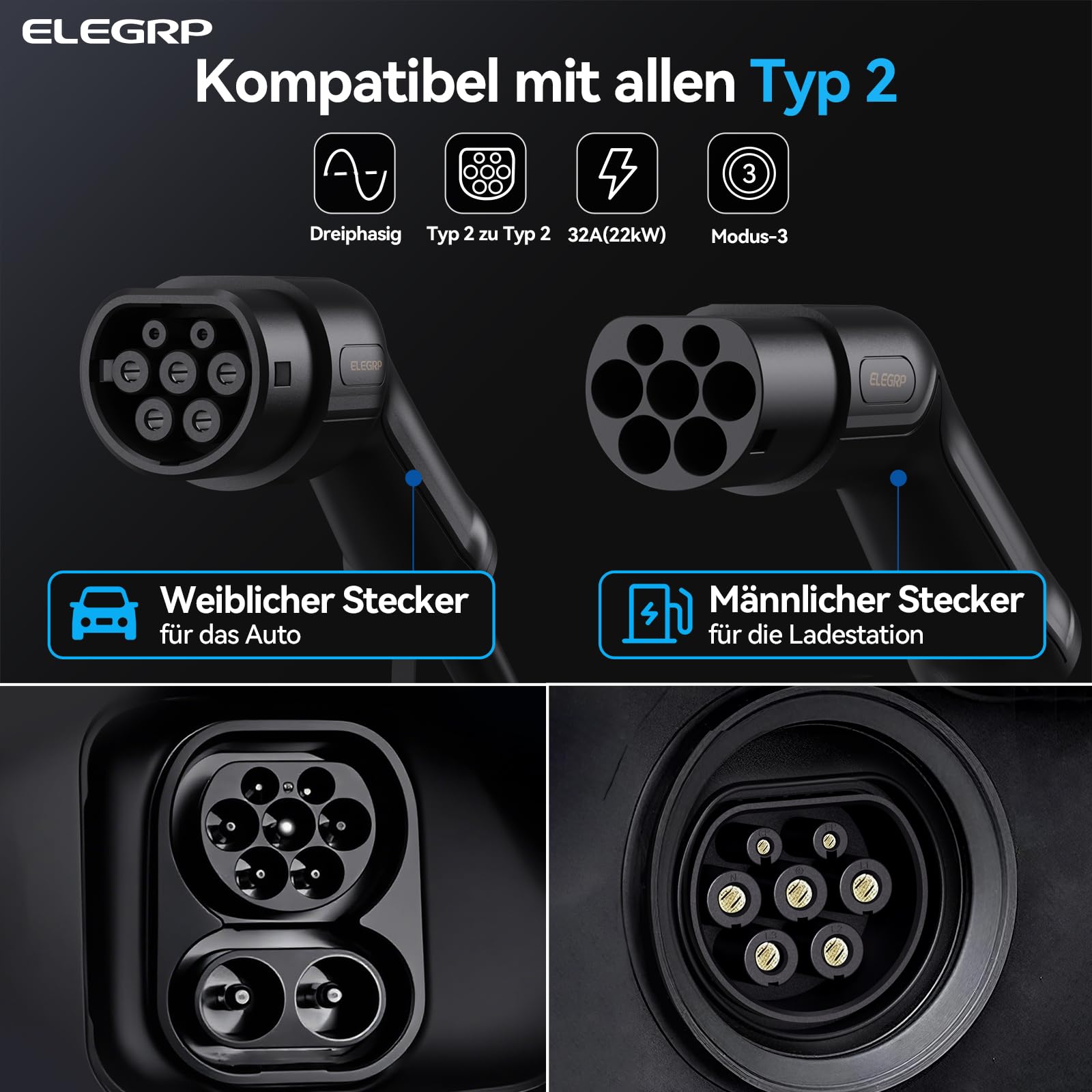 ELEGRP Typ 2 Ladekabel, 22kW 7M 32A 3-Phasig, Typ 2 auf Typ 2 Mode 3 Ladekabel für Elektroauto EV/PHEV mit Tragetasche, Geeignet für Model S/3/X/Y, VW ID.3 ID.4 e-Golf und andere EV