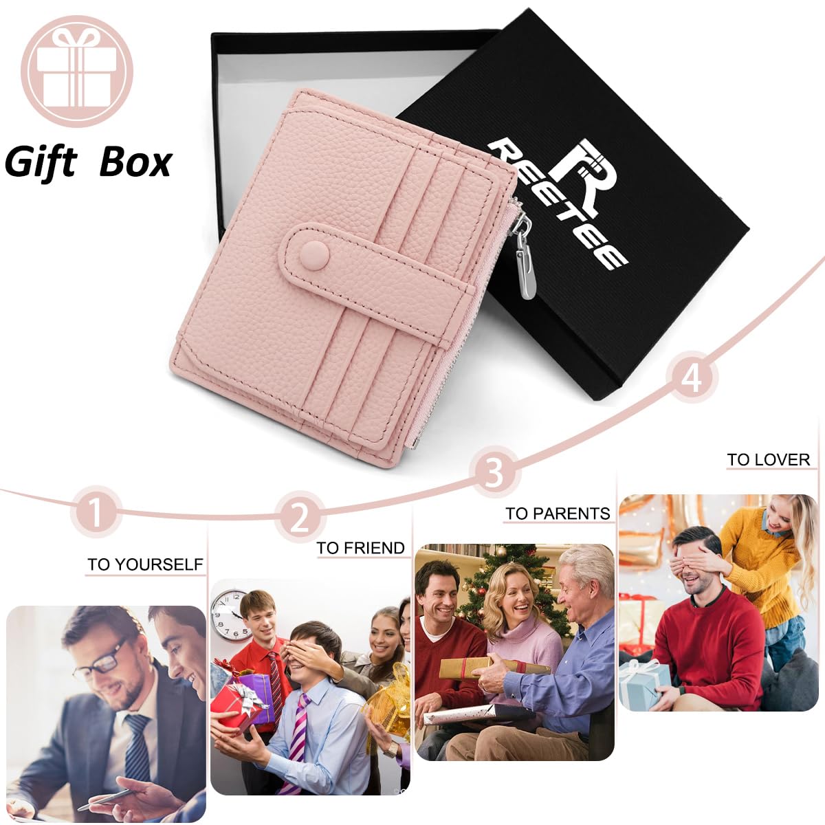 REETEE Porte Carte de Crédit Cuir Véritable Homme Femme RFID Blocage Portefeuille Cuir Petit Porte Carte Slim avec Poche à Monnaie, Porte Feuille avec 14 Emplacements et Petit Porte Monnaie (Rose)