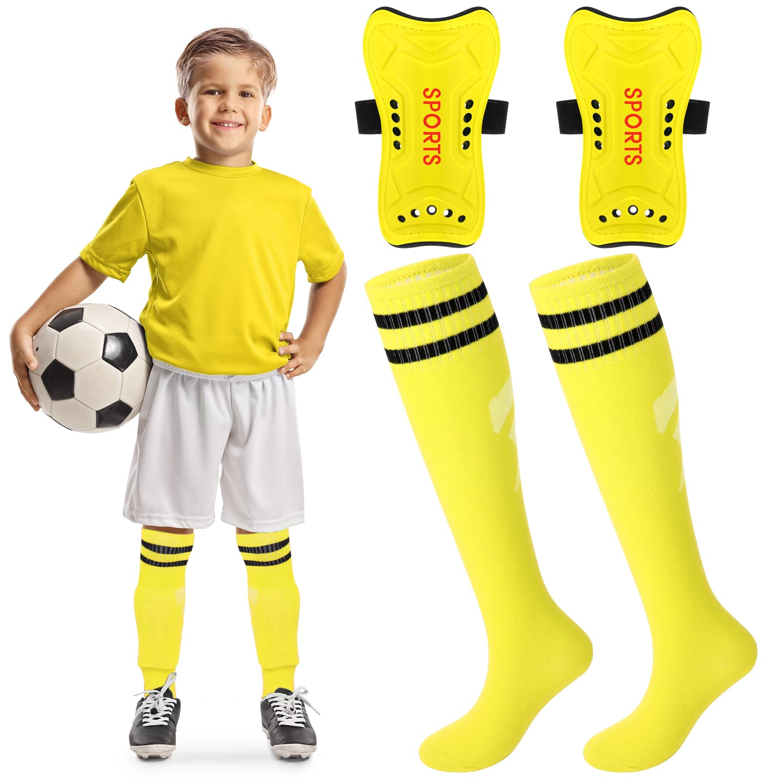 Syhood Espinilleras y calcetines de fútbol para niños pequeños y jóvenes, espinilleras de fútbol ligeras para niños de 3 a 5, 5 a 10, 10 a 15 años, juego deportivo