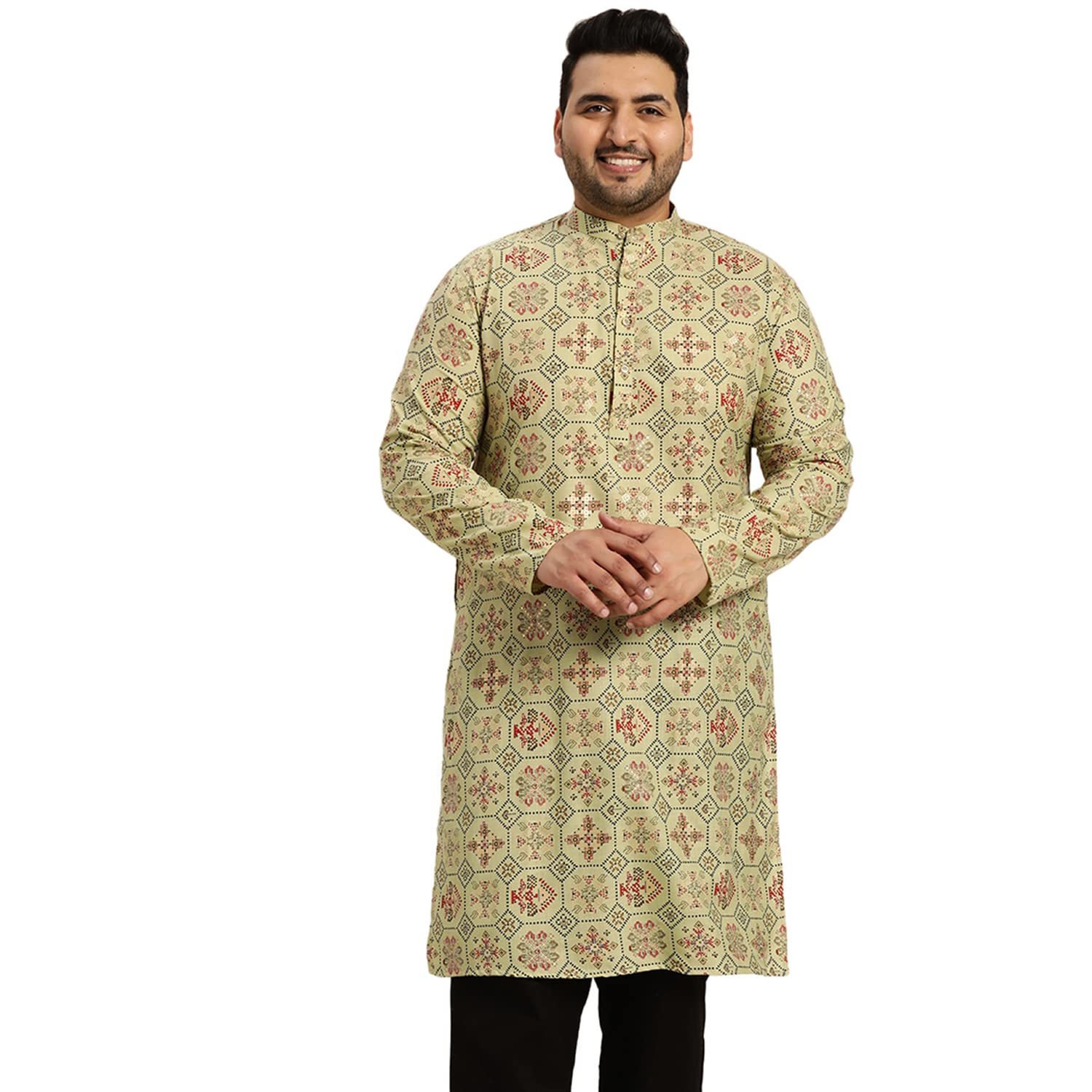 Sojanya Plus (Since 1958) Men's Cotton Linen Pista Green And Multi Printed Only Long Kurta