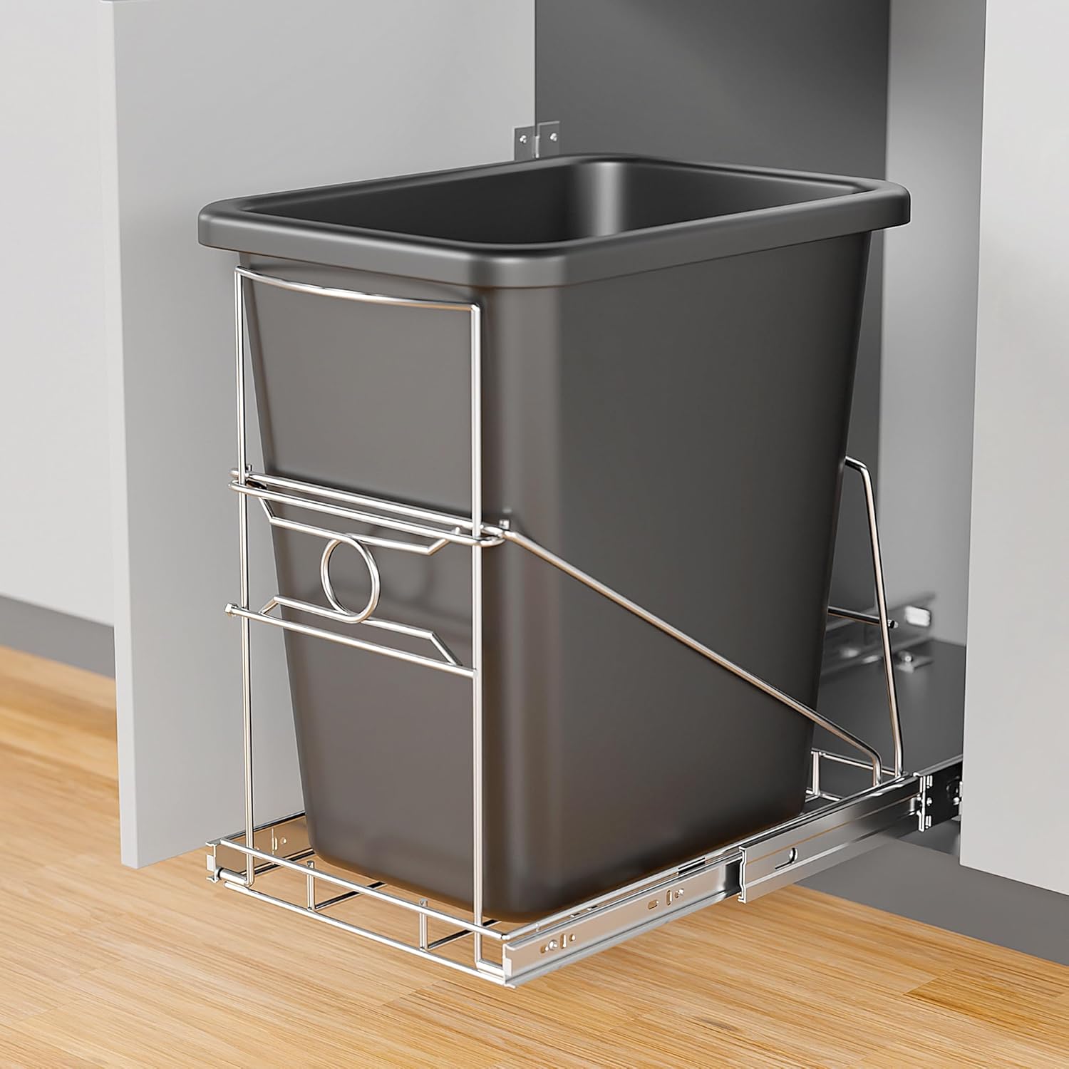 Pull Out Trash Can Holder, Adjustable Heavy Duty Cabinet Slide Out Kit for 7-11 Gallon Trash Cans, Under Sink Trash Can Rack with Smooth Ball Bearing Slides, Silver, Trash Can Not Included