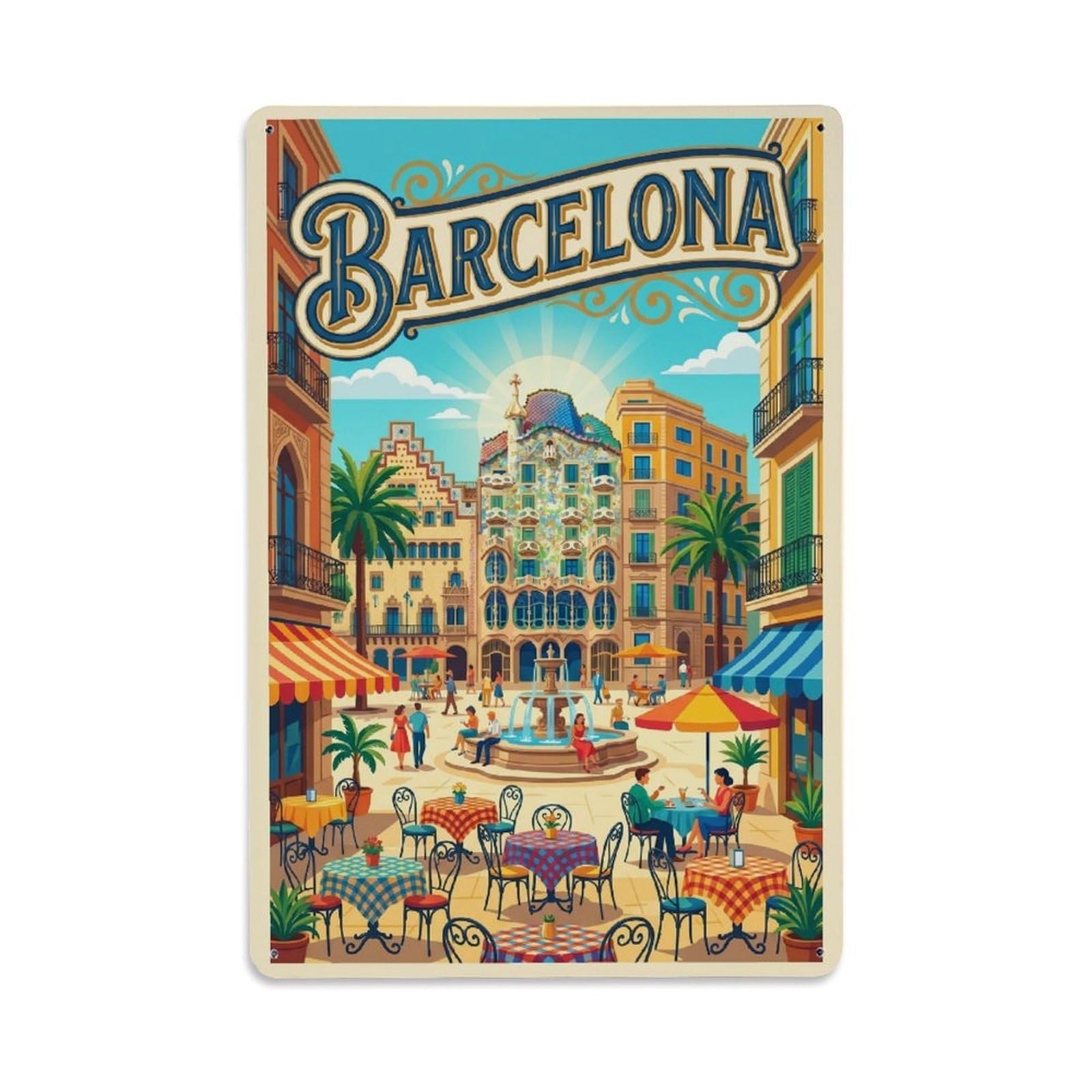 Vintage Travel Piazza Spain Sunlit Metal Tin Sign