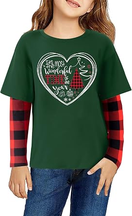 Christmas Shirts for Kids Girls Boys Christmas Tree Stripe Plaid Tee Tops