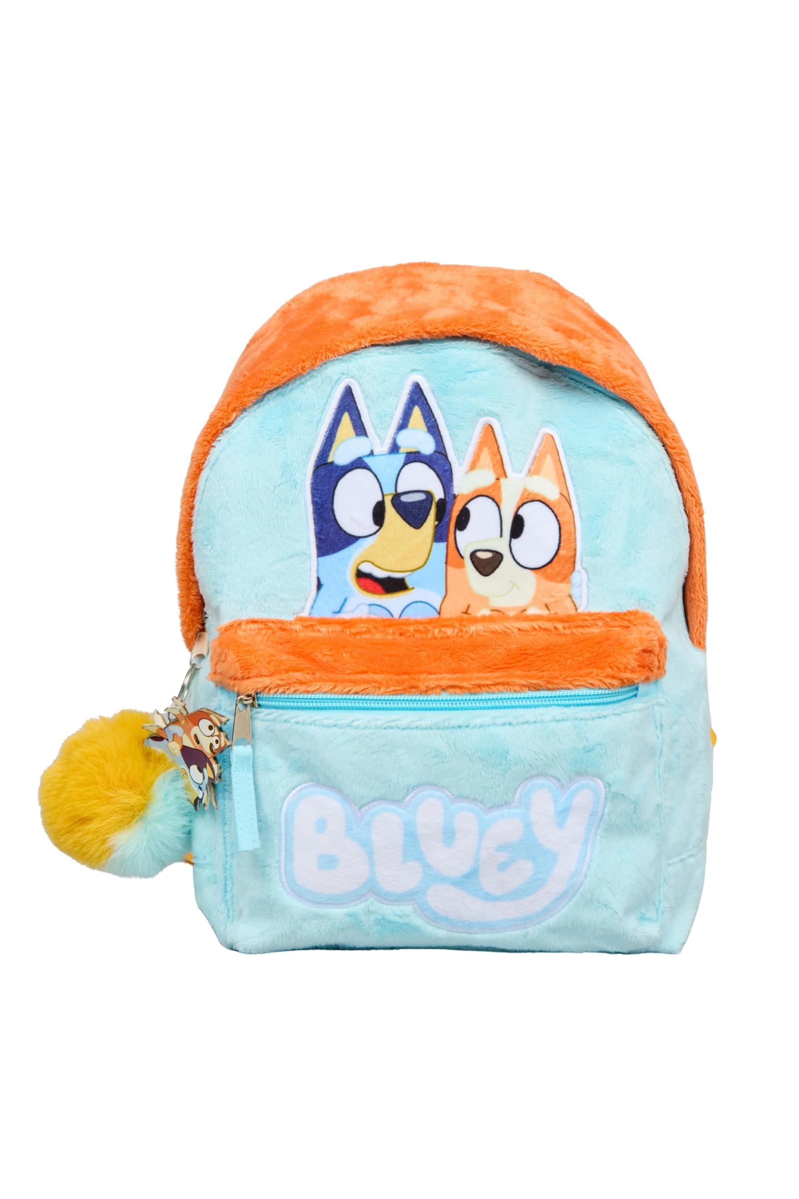 Bluey Chłopięcy pluszowy plecak dla dzieci, miękki, futrzany, z kieszenią na zamek błyskawiczny i brelokiem, torba podróżna dla dzieci w wieku przedszkolnym