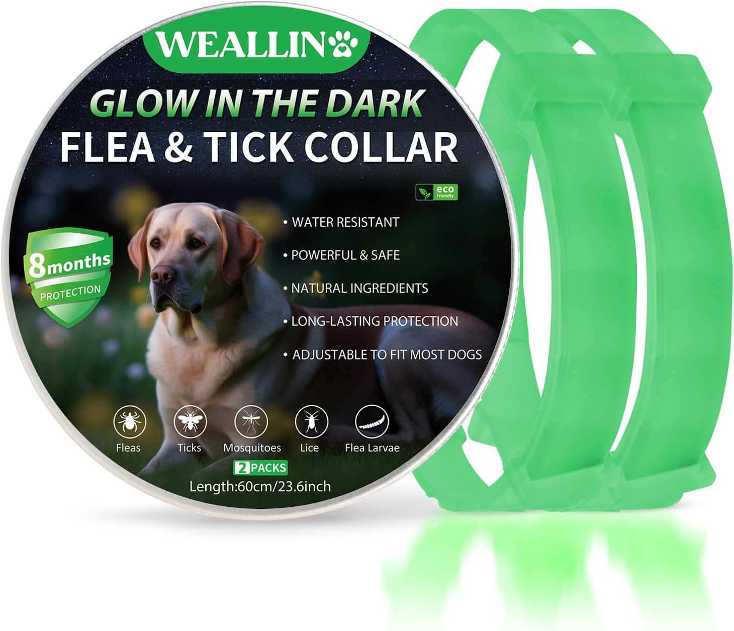 WEALLIN Luminous Safety Dog Flea Collars, 8 Months Natural Effective
