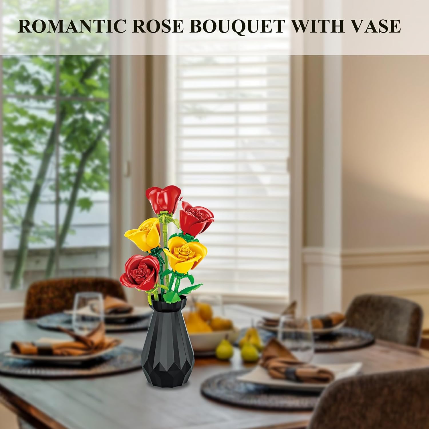 Artificial Flower Bouquet Building Set for Adult,Mini Plant Bonsai Tree Friend Set,Botanical Collection Gift for Kid,Roses Building Blocks with Vase,Birthday Gift for Girl Mom Women Wife