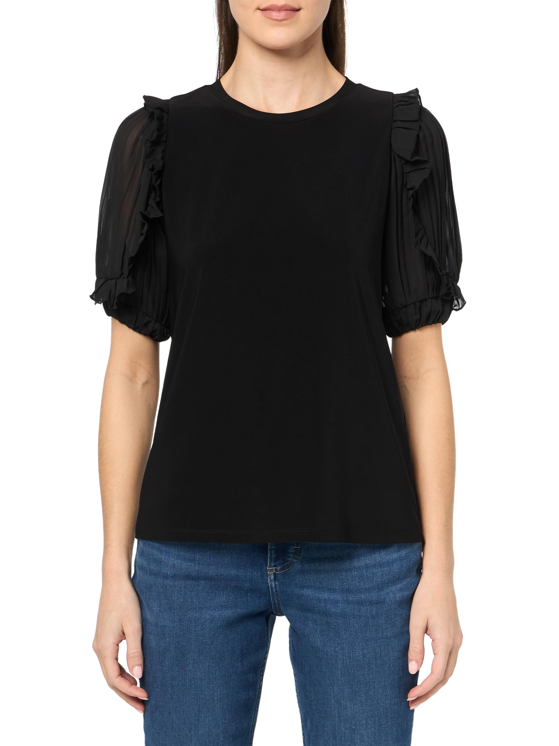 Anne Klein Women's Asphalt Solid Ity Ss Combo Slv & Ruffle Top, L