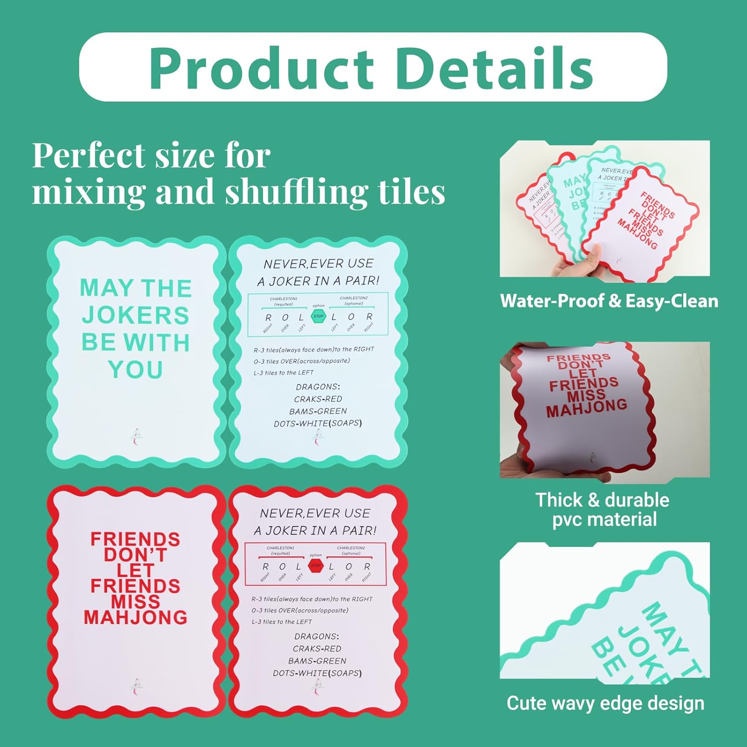 4PCS Mahjong Shuffler Cards for Tiles Mixing & Shuffling, Mahjong Accessories Gifts for Mah-jongg Beginners & Lovers, PVC Shufflers with Wavy Edge & Printed Design (Pink+Green)