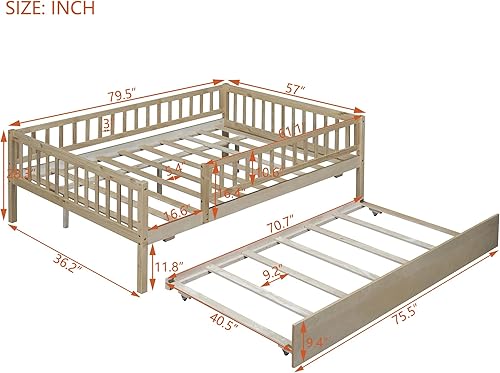 Miniatura 16 de Polibi Sofá cama de tamaño matrimonial, marcos de cama de día completo de madera con dos cajones y barandillas de seguridad para dormitorio, sala de