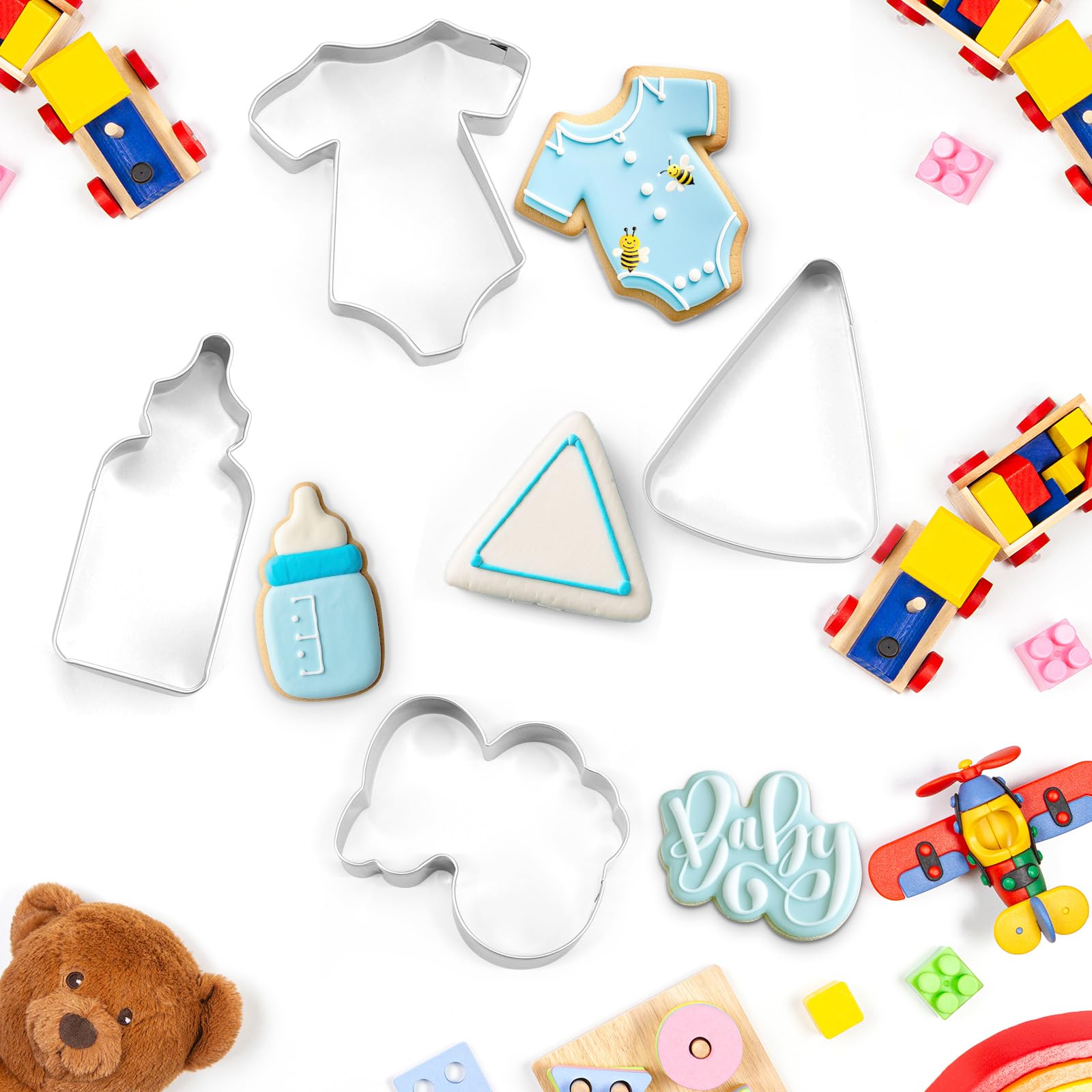 Teenyyou 4 cortadores de galletas para baby shower, cortador de galletas de acero inoxidable para bebé, palabras de bebé, cuña y cortadores de galletas para biberones para bebé