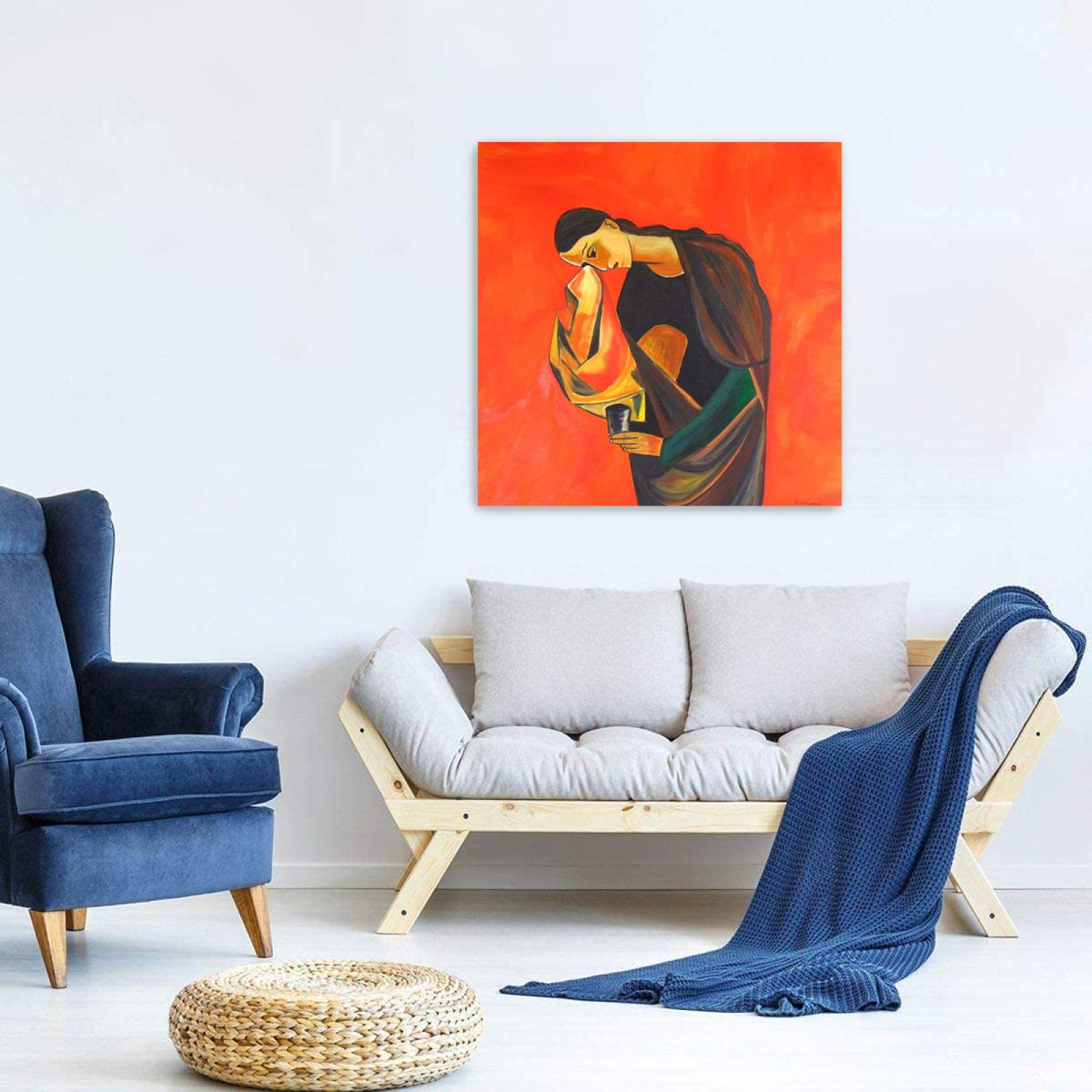 JZSDGB Enmarcado-Carteles e impresiones famosos Oswaldo Guayasamin Reproducciones de pinturas abstractas en lienzo-Señora llorando sosteniendo un vaso-Cuadro de arte de pared 40x40cm(16x16in)