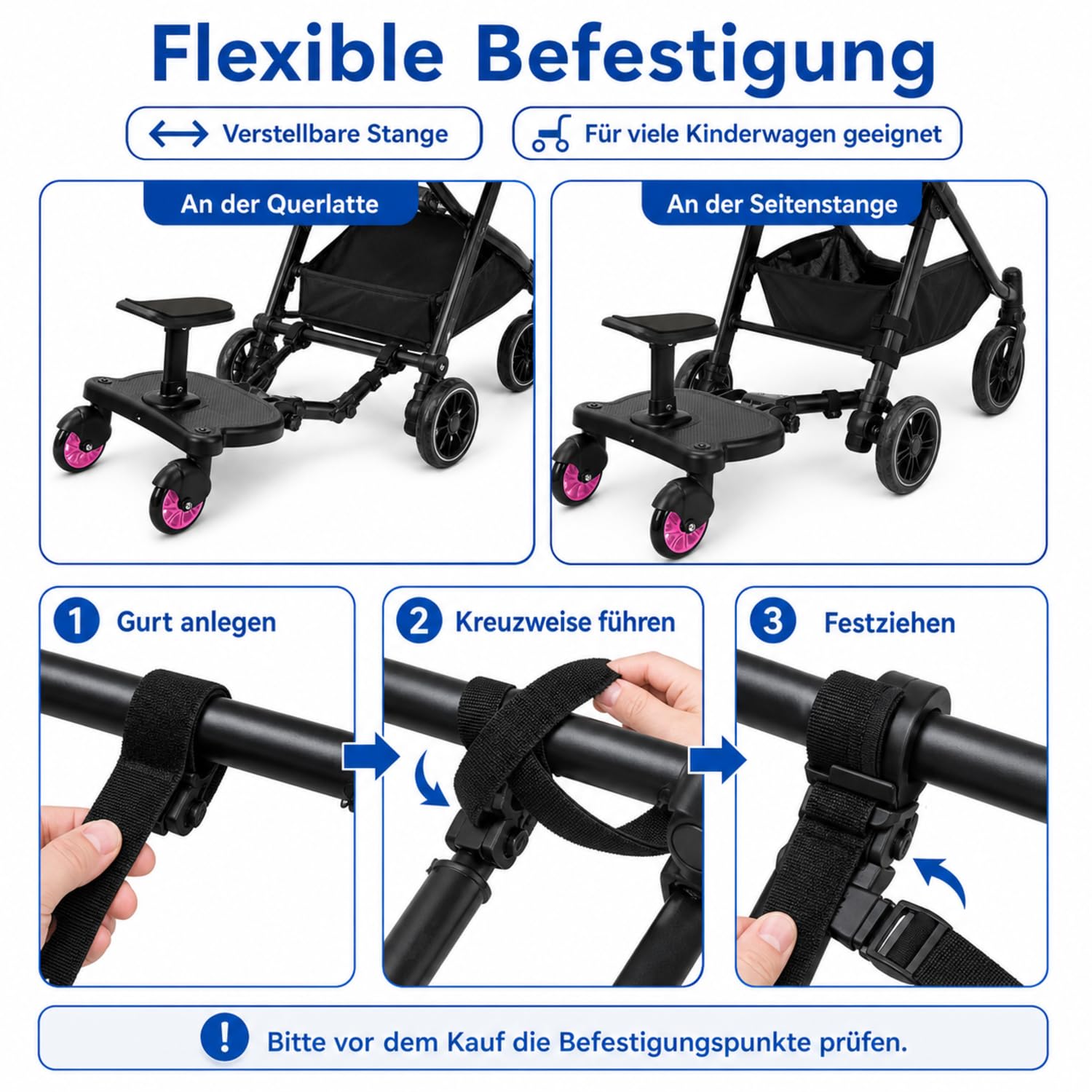 Kiddy Planche universelle pour poussette avec siège, rose | Planche de poussette pour 2-6 ans, siège amovible, planche jusqu'à 25 kg, design à deux roues à 360°