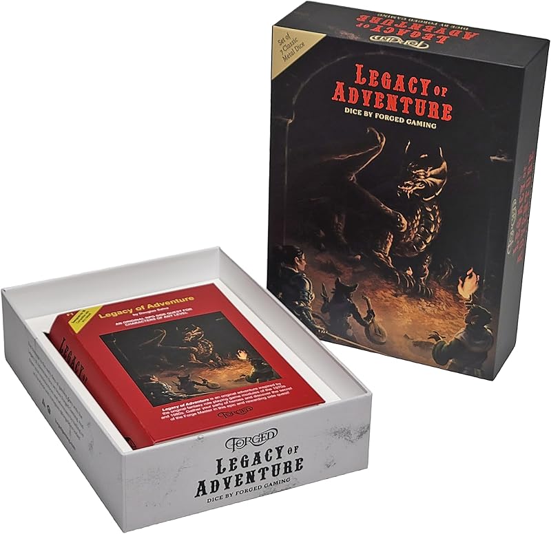 Legacy of Adventure - RPG Polyhedral Dice Set of 7 Colorful Retro Metal Dice with Custom Adventure Module - Includes D20 D12 D10 D% D8 D6 D4 Gaming Set
